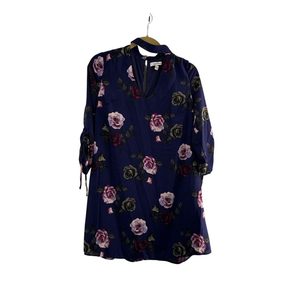 Speechless Floral Navy Blue Dress 3/4 Sleeves Tie Back Keyhole Detail L Choker - Picture 1 of 7